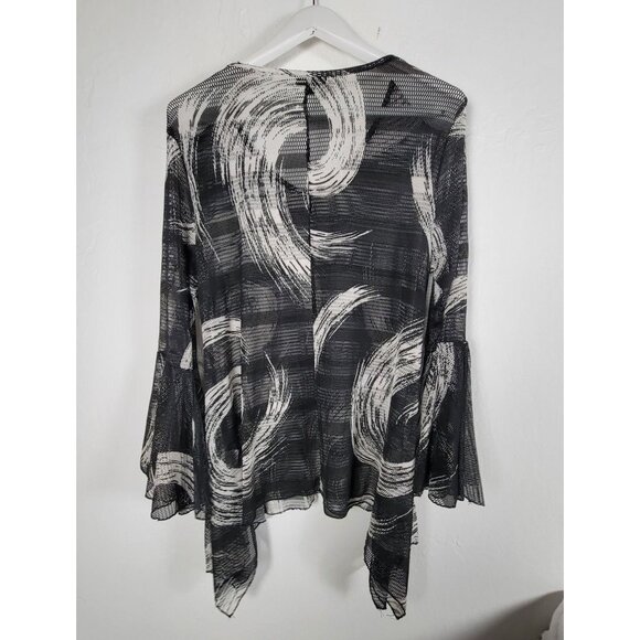 Dor Dor Couture Women Black White Mesh Tunic Top XL Flared Sleeve Abstract Swirl - Picture 2 of 7